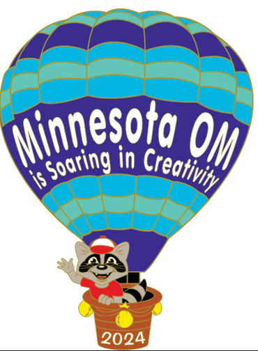 Minnesota's 2024 Pin is the shape of a hot air balloon with a cartoon raccoon (named Omer) waving from the basket and reads 'Minnesota OM is Soaring in Creativity'
